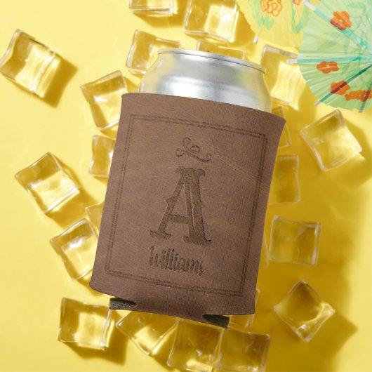 ブラウン素朴レザーフェイクカスタムモノグラム名 缶クーラー (インサイチュ 夏)