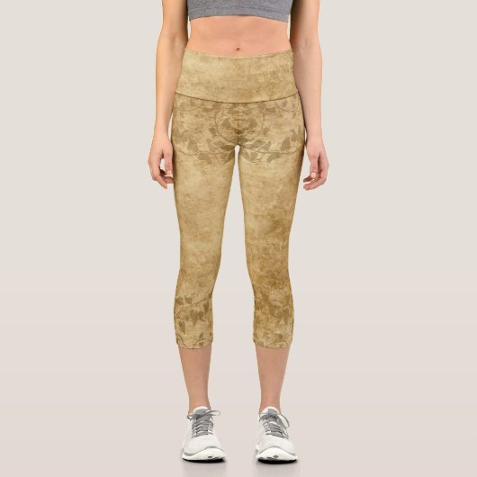 ブラウン素朴ヴィンテージ紙の羊皮紙とつる植物 カプリレギンス (正面)