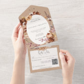 ブラウン素朴秋フローラと葉QRコード オールインワン招待状 (貼ってはがせる)