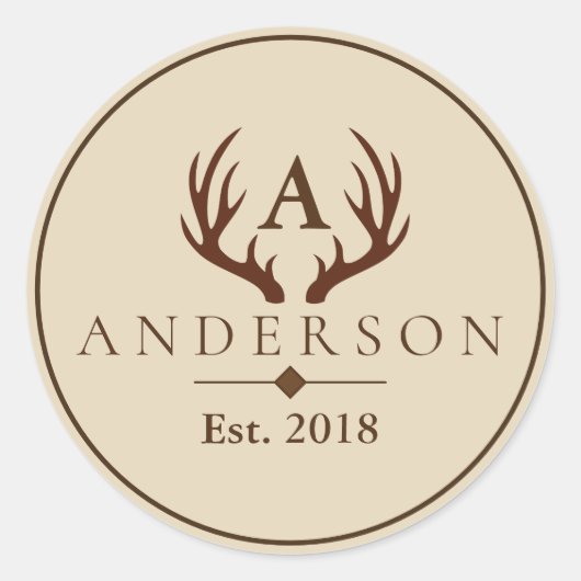 ブラウン素朴鹿の〔雄ジカの〕枝角と家族名 ラウンドシール (正面)