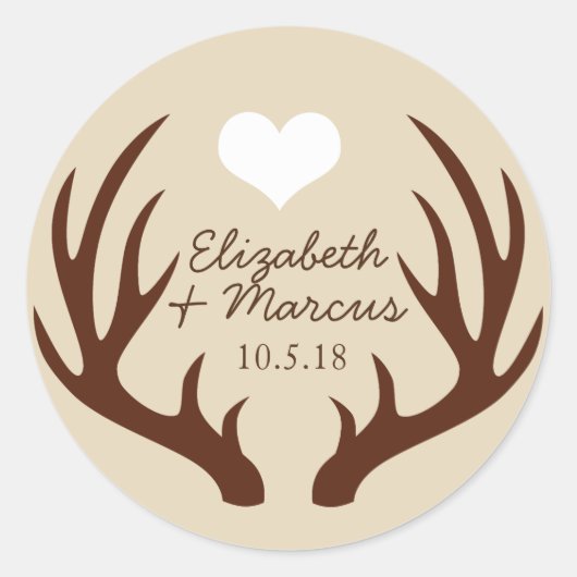 ブラウン素朴鹿〔雄ジカの〕枝角カップルの名前 ラウンドシール (正面)