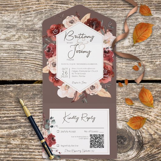 ブラウン素朴QRコードの秋錆フローラ オールインワン招待状