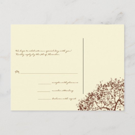 ブラウン結婚ツリーのモノグラム応答カード インビテーションポストカード (裏面)