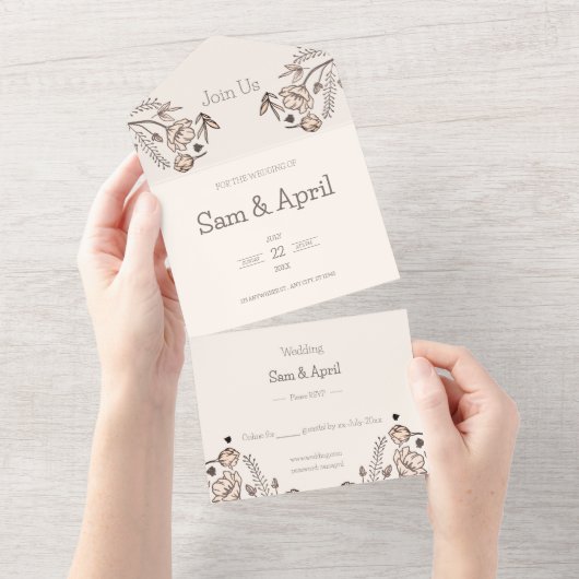 ブラウン結婚フローラテーマ オールインワン招待状 (貼ってはがせる)