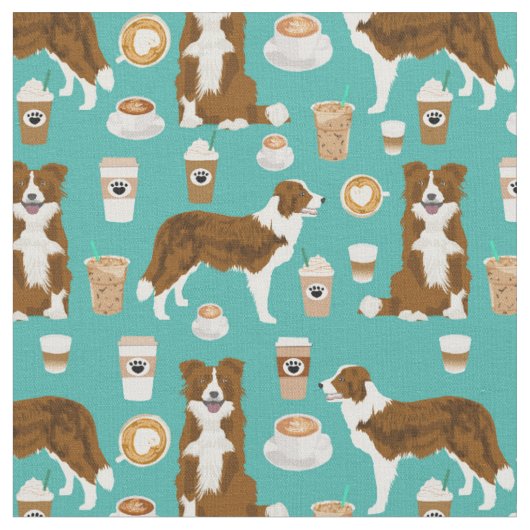 ブラウン縁どクリー犬コーヒー愛好家ターコイズ ファブリック (クローズアップ)