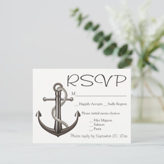 ブラウン航海のRSVP出荷いかりの結婚ビーチ インビテーションポストカード (スタンド正面)