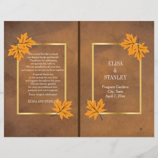 ブラウン葉ウエディングプログラムのオレンジ色のカエデの花 (正面)