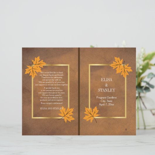 ブラウン葉ウエディングプログラムのオレンジ色のカエデの花 (スタンド正面)