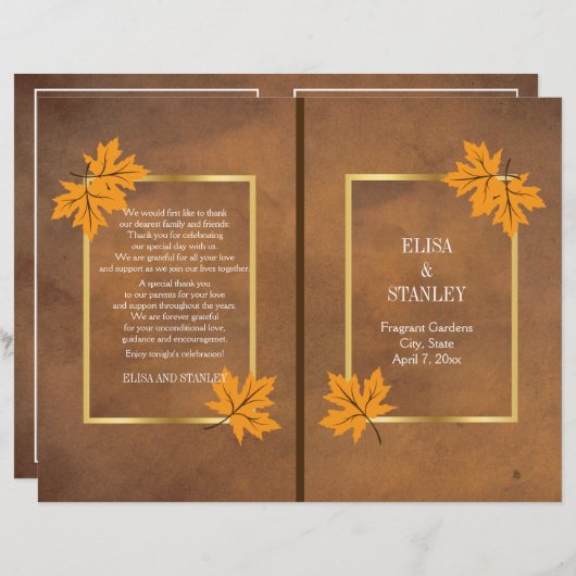 ブラウン葉ウエディングプログラムのオレンジ色のカエデの花 (正面/裏面)