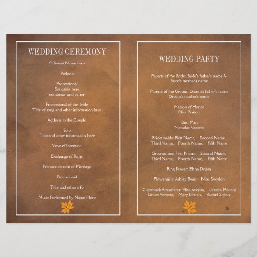 ブラウン葉ウエディングプログラムのオレンジ色のカエデの花 (裏面)