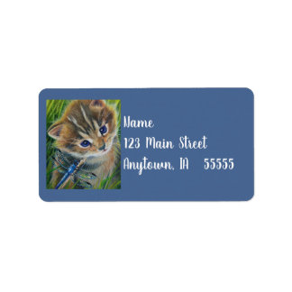 ブラウン虎猫キッテン&ドラゴンフライウォーターカラーアート ラベル