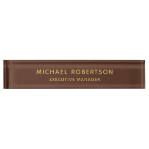 ブラウン金ゴールドカラープロフェッショナルトレンディーモダンプレーン デスクネームプレート