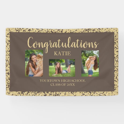 ブラウン金ゴールドグリッター卒業パーティフォトバナー 横断幕 (横)