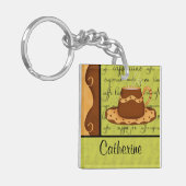 ブラウン金ゴールドグリーンチェッカーボードコーヒーカップアート名 キーホルダー (正面左)