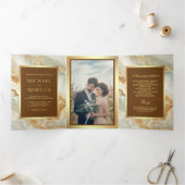 ブラウン金ゴールドフェイク大理石ゴールドフォイル結婚フォト 三つ折り招待状 (内部)