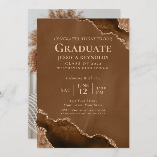 ブラウン金ゴールド瑪瑙フォト卒業パーティー招待状 招待状 (正面/裏面)