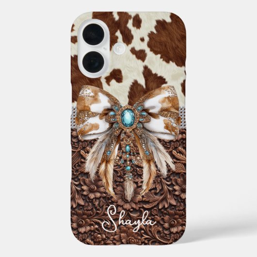 ブラウン革カウハイド装飾リボンモノグラム入り Case-Mate iPhoneケース (裏面)