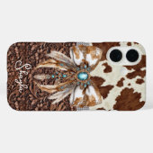 ブラウン革カウハイド装飾リボンモノグラム入り Case-Mate iPhoneケース (裏面 (横))