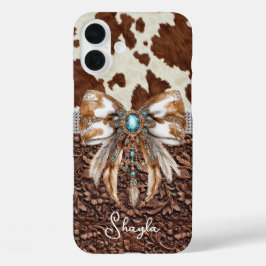 ブラウン革カウハイド装飾リボンモノグラム入り iPhone 16 PLUSケース