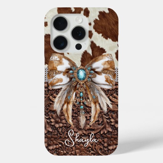 ブラウン革カウハイド装飾リボンモノグラム Case-Mate iPhoneケース (裏面)