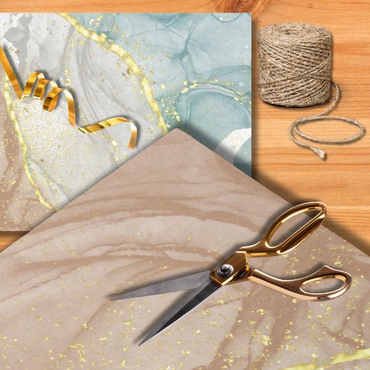 ブラウン&アクアアルコールインクパターン金ゴールドインレイ 薄葉紙