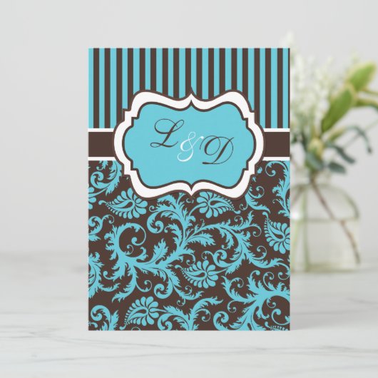 ブラウン、アクア、ホワイトダマスストライプのク結婚式招待状 招待状 (スタンド正面)