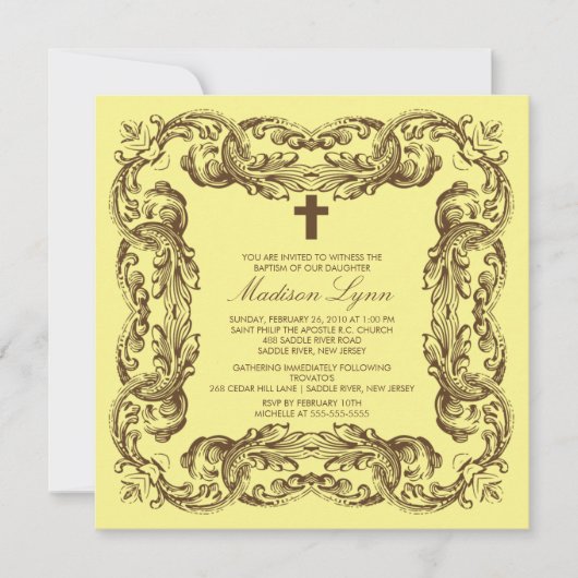 ブラウン&イエローヴィンテージフレーム洗礼招待状 招待状 (正面)