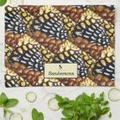 ブラウン、イエロー、ブラックリーヴのキジのモノグラム キッチンタオル (折り畳み)