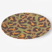 ブラウン、オレンジ、オリーブグリーンヒョウアニマルプリント ペーパープレート (アングル)