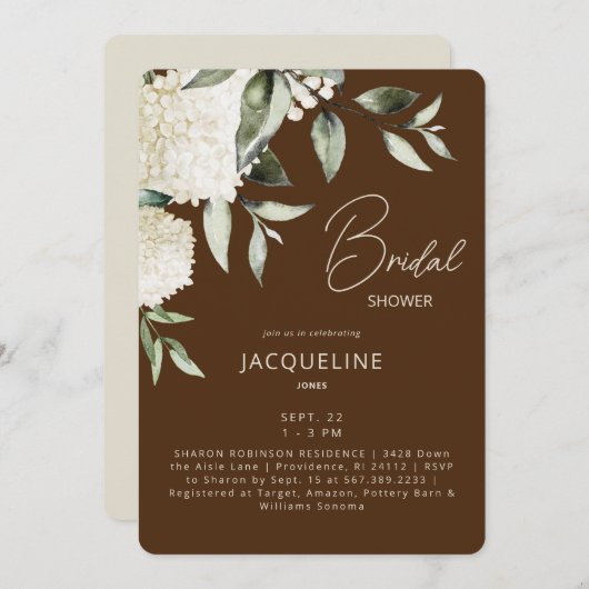 ブラウン&クリームホワイトアジサイブライダルシャワー 招待状 (正面/裏面)