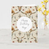 ブラウン クリーム トライバル ネイティブ フェザー 誕生日 カード (黄色い花)