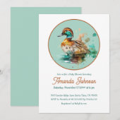 ブラウン グリーン サークル フレーム マラード ダック ベビー シャワー 招待状 (正面/裏面)