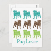 ブラウン、グリーン、ターコイズのペイズリーパグ ポストカード (正面/裏面)
