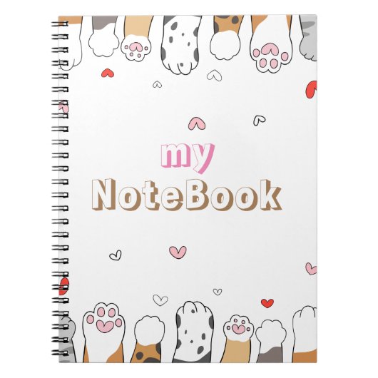 ブラウン グレー ホワイト かわいい猫の肉球 (80ページ モノクロ) ノートブック (正面)