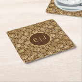 ブラウン&スタイリッシュ金ゴールドダリアスパターンモノグラム スクエアペーパーコースター (アングル)