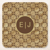 ブラウン&スタイリッシュ金ゴールドダリアスパターンモノグラム スクエアペーパーコースター (正面)