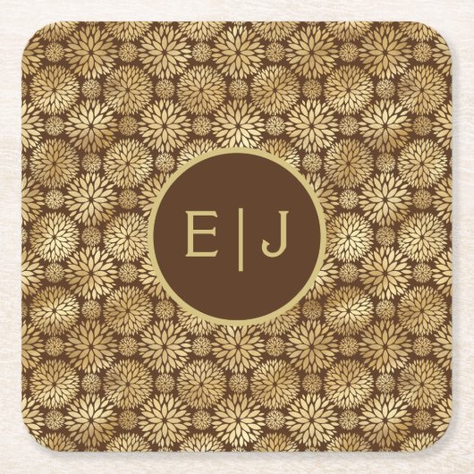 ブラウン&スタイリッシュ金ゴールドダリアスパターンモノグラム スクエアペーパーコースター (正面)