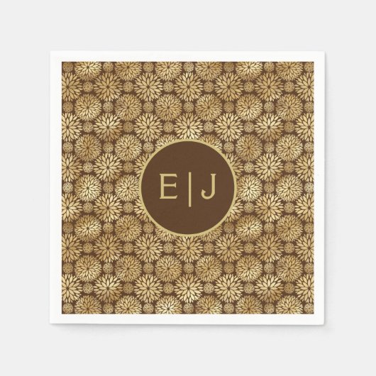 ブラウン&スタイリッシュ金ゴールドダリアスパターンモノグラム スタンダードカクテルナプキン (正面)