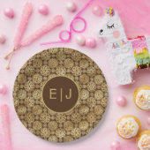 ブラウン&スタイリッシュ金ゴールドダリアスパターンモノグラム ペーパープレート (パーティー)