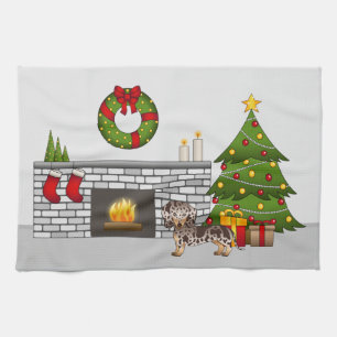 ブラウン&タン ダップル ショートヘア ダックスフンド クリスマス キッチンタオル