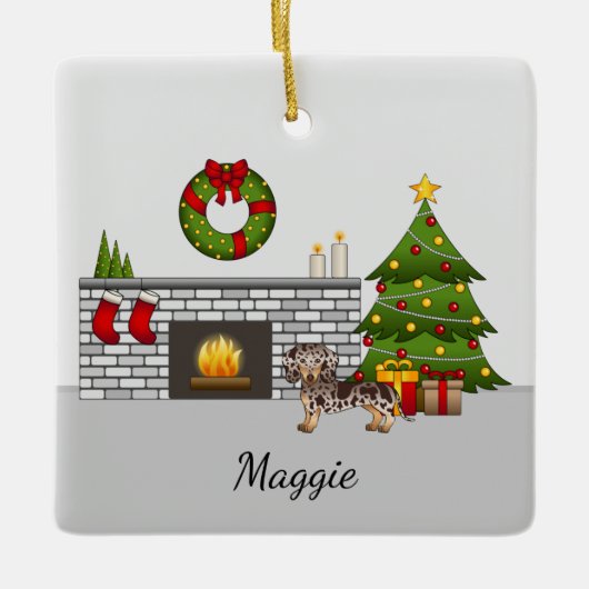 ブラウン&タンDappleショートヘアダックスシャンドクリスマス セラミックオーナメント (正面)