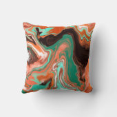 ブラウン、ティール（緑がかった色）、オレンジ大理石の流体アート クッション (裏面)