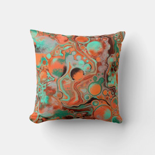 ブラウン、ティール（緑がかった色）、オレンジ大理石の流体アート クッション (正面)