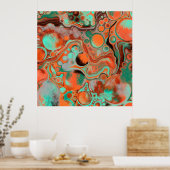 ブラウン、ティール(緑がかった色)、オレンジ大理石の流体アート ポスター (キッチン)