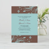 ブラウン/ティール(緑がかった色)フローラ旋回結婚式招待状 招待状 (スタンド正面)