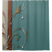 ブラウン&ティール(緑がかった色)自然渦巻形のつる植物&バタフライ シャワーカーテン (正面)