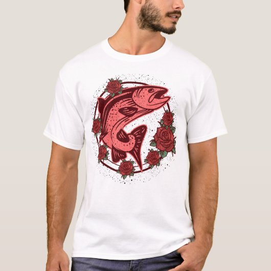 ブラウン・トラウトのフランス風ボタニカルアート Tシャツ (正面)