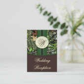 ブラウン&ハンターグリーン迷彩柄ウェディングレセプションカード エンクロージャーカード (スタンド正面)