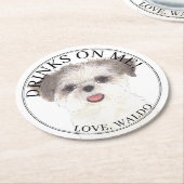 ブラウン&パーソナライズされたホワイトシーズー(犬)チズドッグ結婚ズ ラウンドペーパーコースター (アングル)