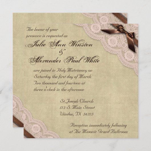 ブラウン&ピンクレースヴィンテージウェディング招待状 招待状 (正面/裏面)
